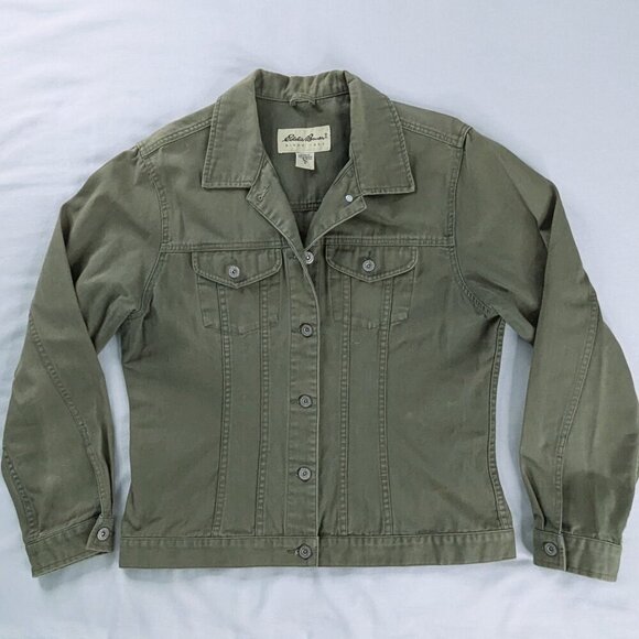Eddie Bauer Army Green Metal Button Front Multi Pocket Utility Jacket Tall - Picture 1 of 7